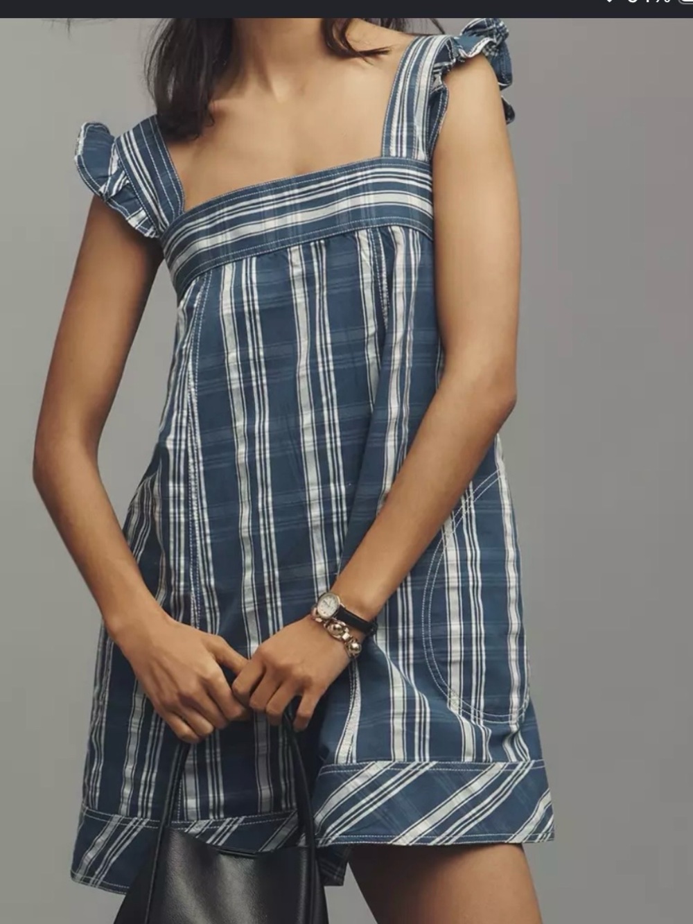 Anthropologie Pilcro Lakeside Swing Mini Dress Size M , Denim Blue & White EUC